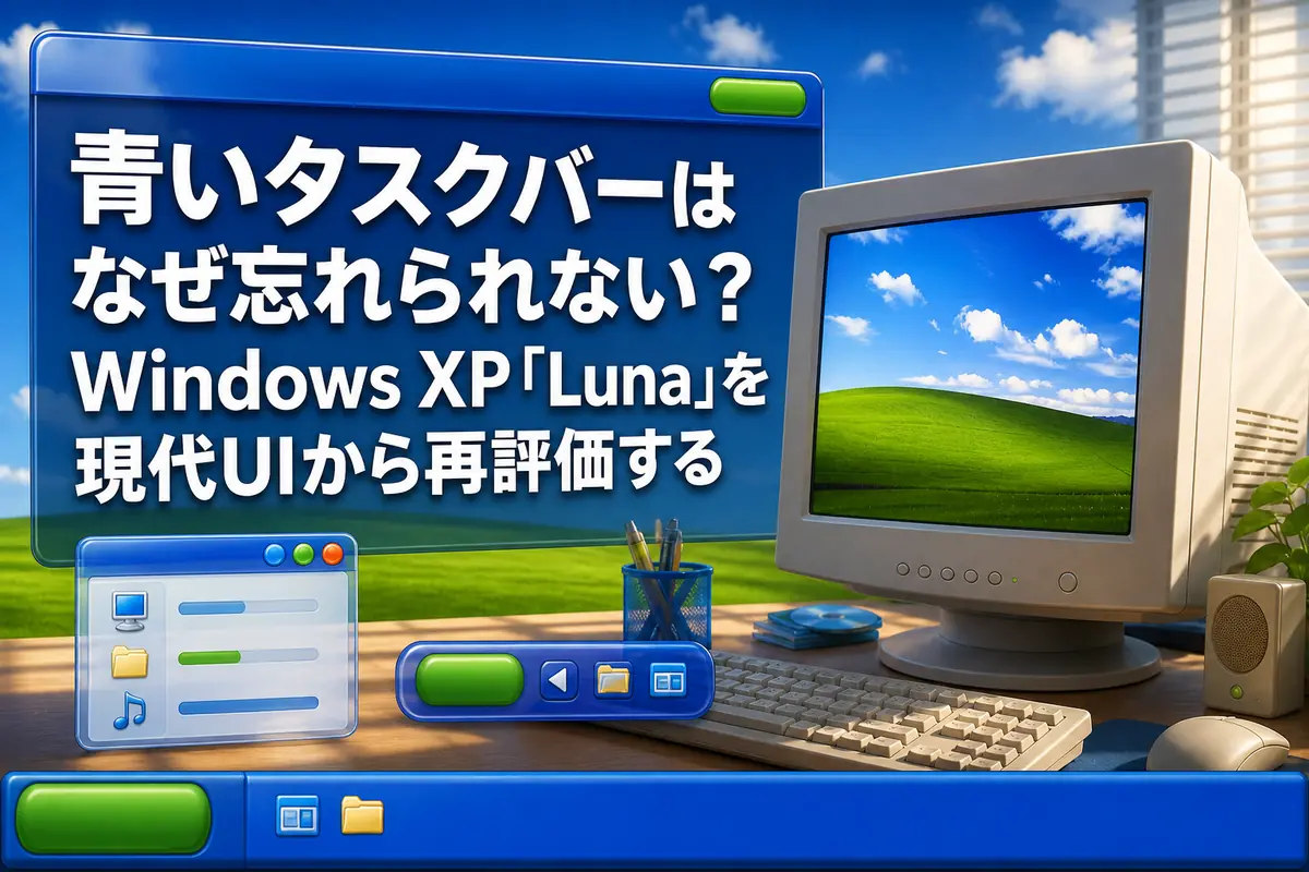 青と緑のLuna風画面を映すレトロなデスクトップPC。