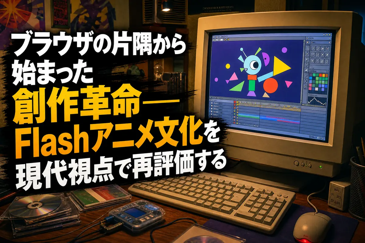 ブラウン管モニターにカラフルなアニメが映る2000年代風のパソコン机。