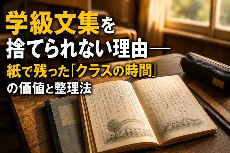 木の机に開かれた古い学級文集と学校用品。