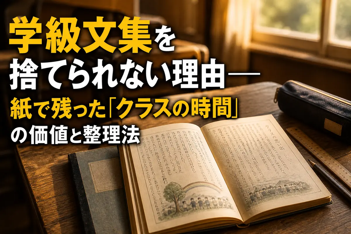 木の机に開かれた古い学級文集と学校用品。