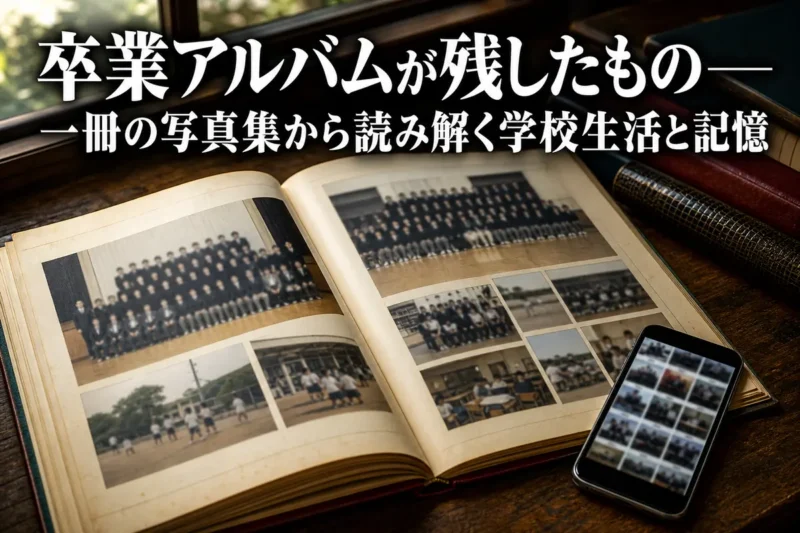 古い卒業アルバムとスマートフォンを並べ、写真の残し方の変化を表現したイメージ。