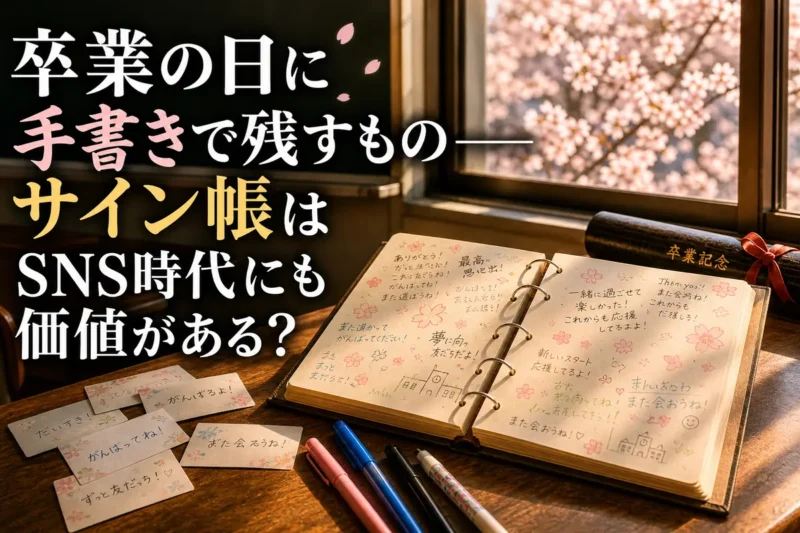卒業前の教室の机に、手書きのメッセージが集まったサイン帳が開かれている。