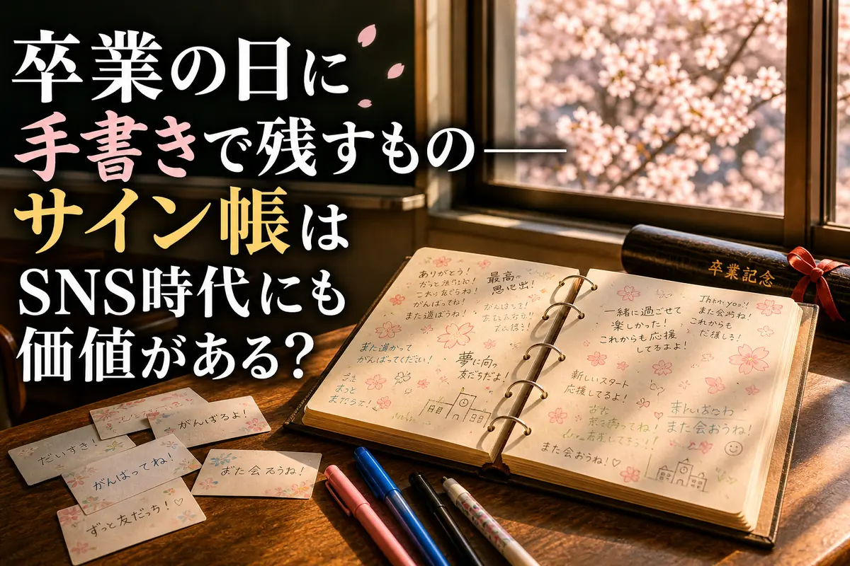 卒業前の教室の机に、手書きのメッセージが集まったサイン帳が開かれている。