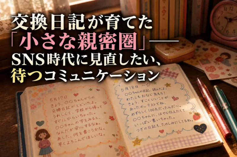 手書きの文章やイラストが並ぶ交換日記と二本のペン。
