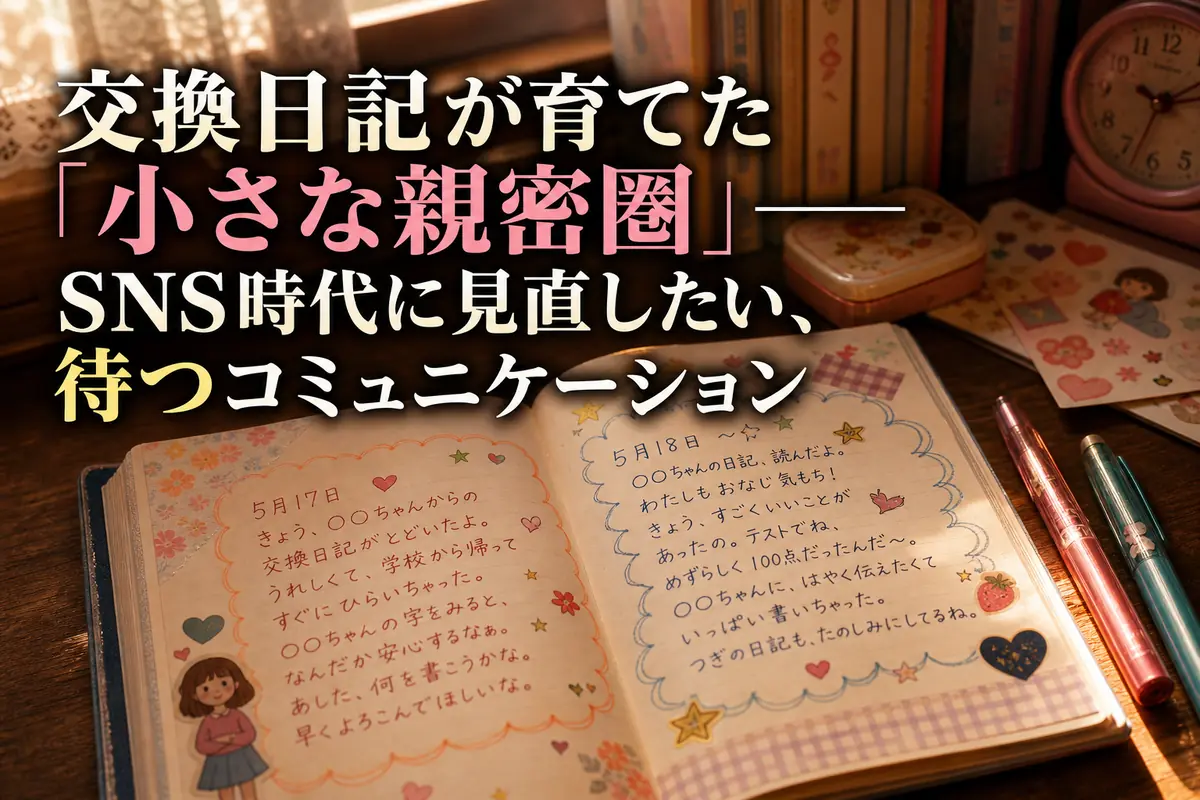 手書きの文章やイラストが並ぶ交換日記と二本のペン。