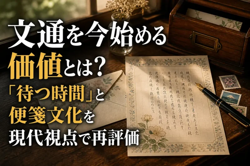 便箋と封筒、切手、万年筆を並べた文通の情景。