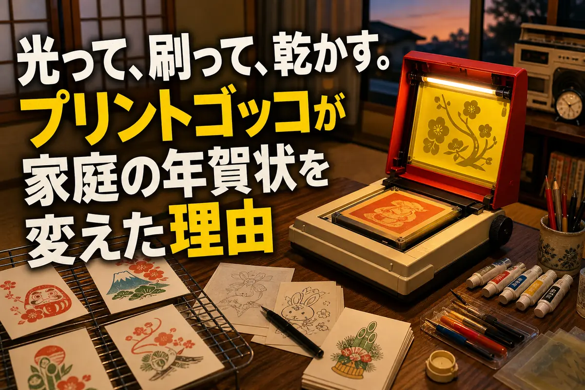 プリントゴッコと刷り上がった年賀状が並ぶ年末の作業机。