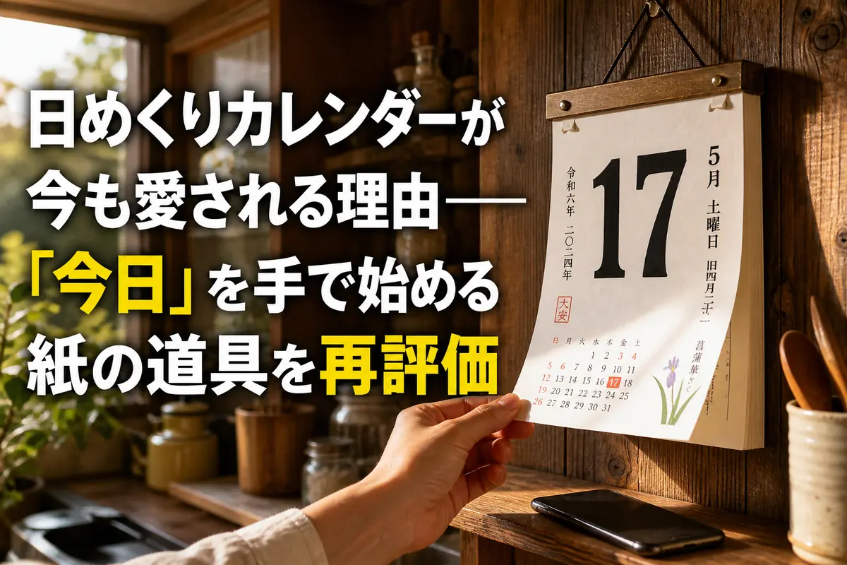 朝の光の中で一枚めくられる壁掛けの日めくりカレンダー。