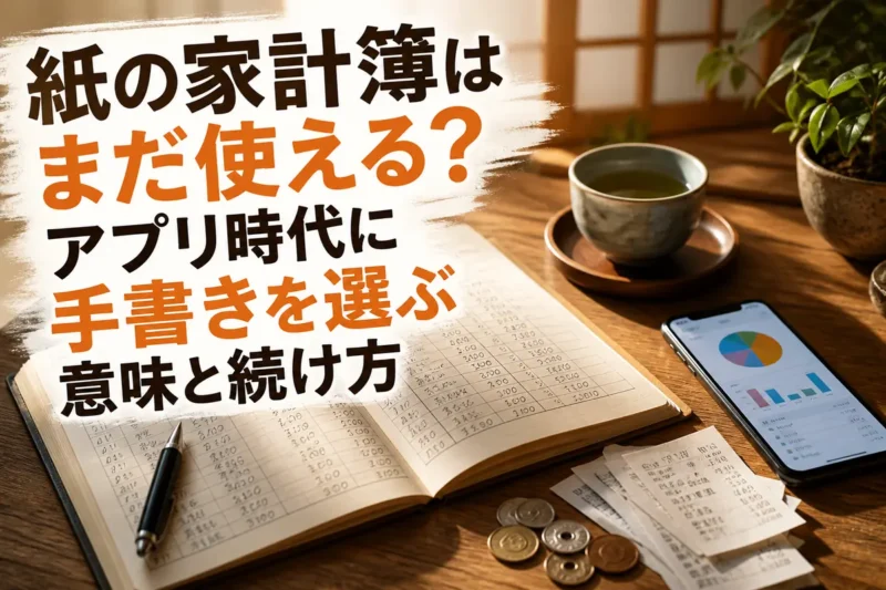 紙の家計簿とスマートフォンを並べて家計を見直す様子。