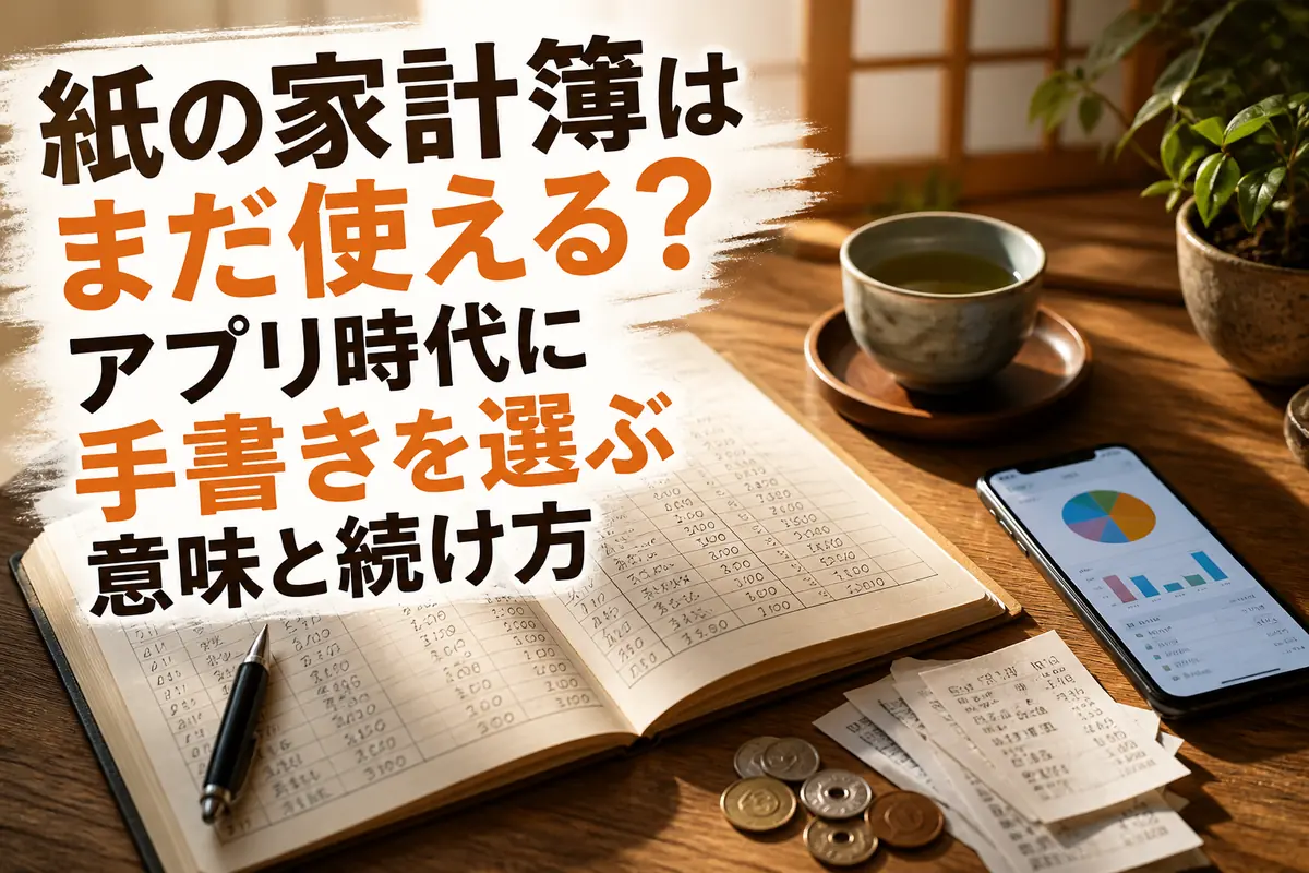 紙の家計簿とスマートフォンを並べて家計を見直す様子。