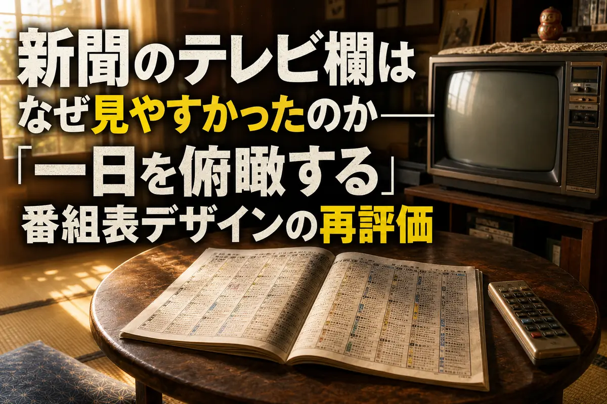 ブラウン管テレビの前の卓上に新聞のテレビ欄が開かれている。