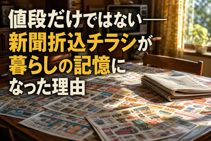 食卓に広げられたスーパーと家電量販店の新聞折込チラシ。