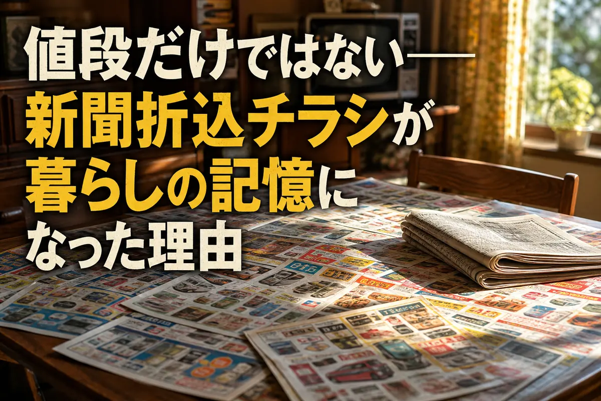 食卓に広げられたスーパーと家電量販店の新聞折込チラシ。