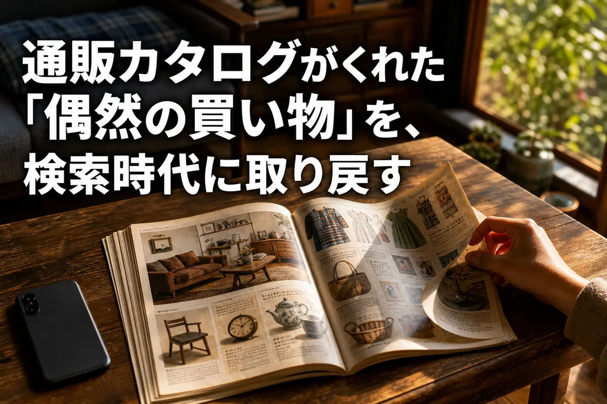 通販カタログを開いたテーブルと、伏せて置かれたスマートフォン。