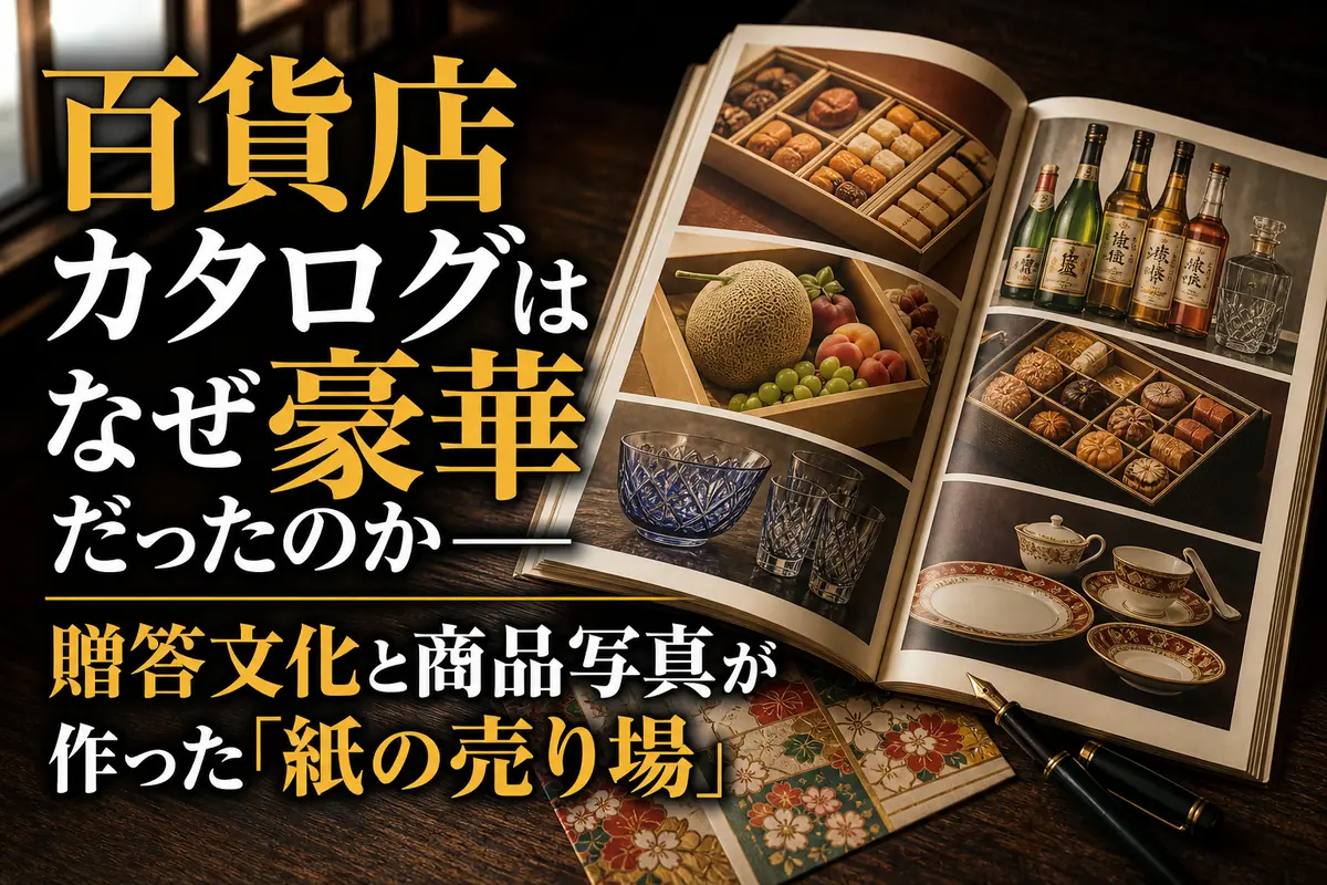 昭和・平成期を思わせる百貨店ギフトカタログと包装紙を机上に並べた様子。