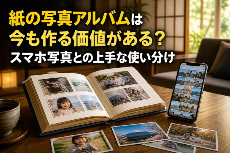 木のテーブルに紙の写真アルバムとスマートフォンが並んでいる。