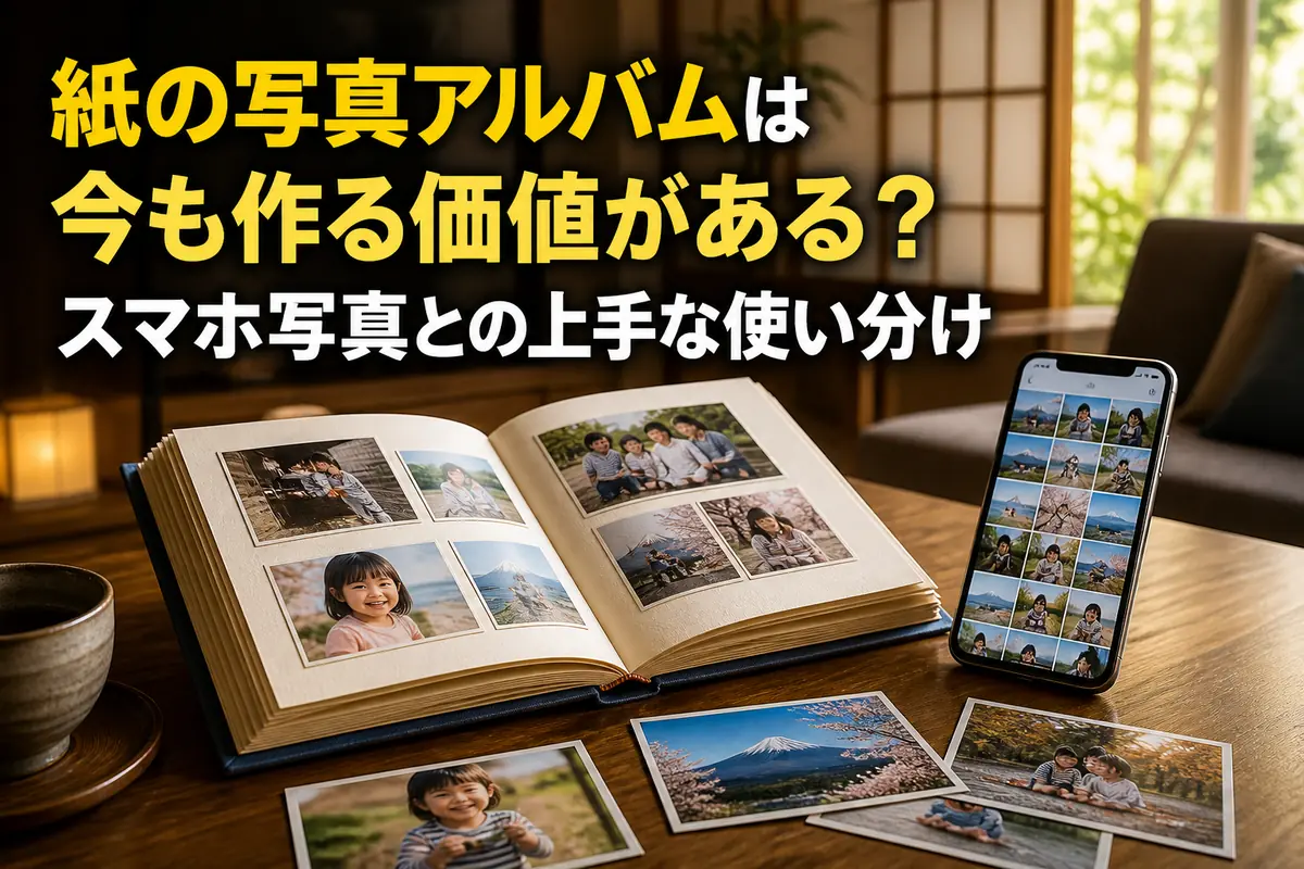 木のテーブルに紙の写真アルバムとスマートフォンが並んでいる。