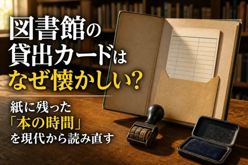古い図書館の本に差し込まれた紙の貸出カードと日付印。