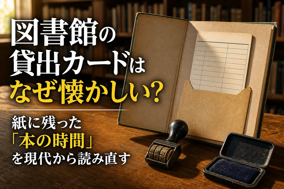 古い図書館の本に差し込まれた紙の貸出カードと日付印。