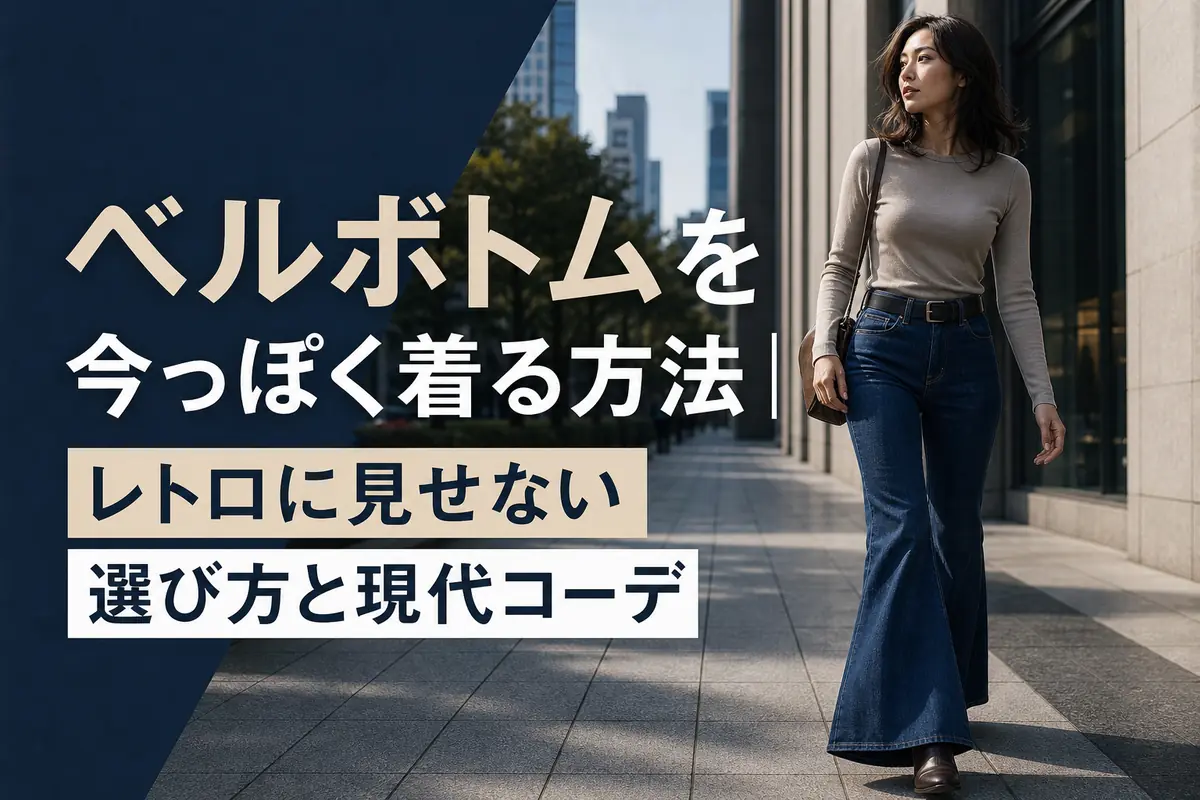 濃紺のベルボトムを現代的な装いで着こなす人物。