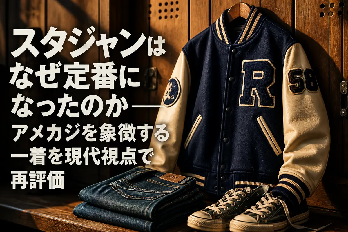 木製ロッカーの前に掛けられた紺色とクリーム色のクラシックなスタジャン。