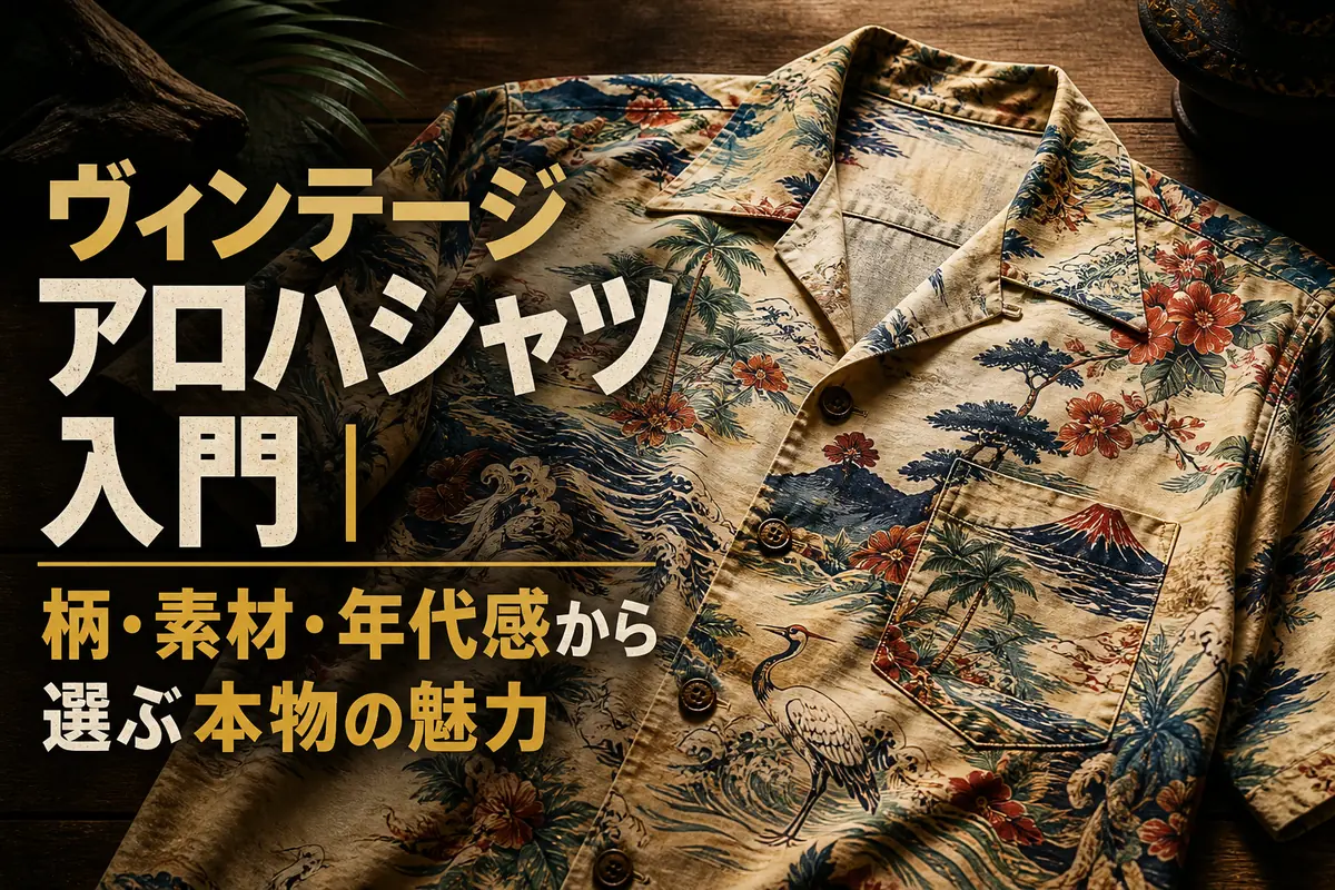 木のテーブルに広げた柄鮮やかなヴィンテージアロハシャツ。