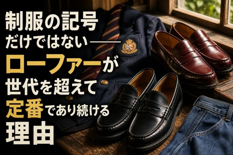制服と現代的な服の間に並ぶ黒と茶色のローファー。
