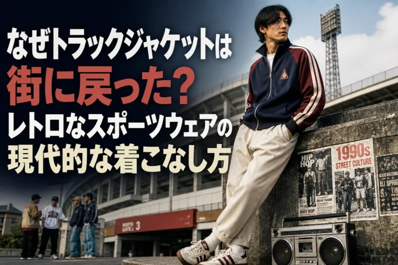 レトロなトラックジャケットを現代的な街着として組み合わせたスタイル。