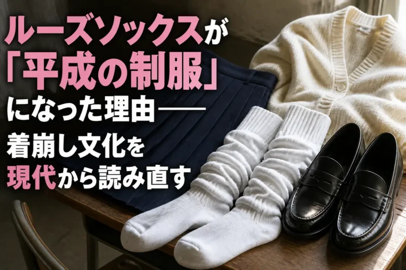 白いルーズソックスとローファーで平成の制服ファッションを表現したイメージ。