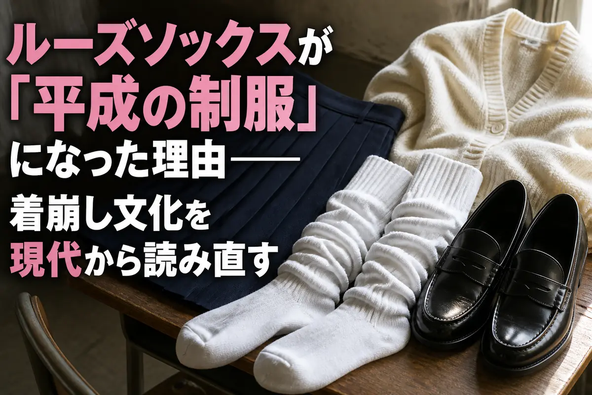 白いルーズソックスとローファーで平成の制服ファッションを表現したイメージ。