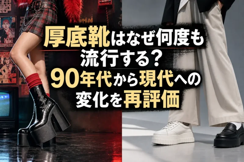 90年代風の厚底ブーツと現代的な厚底靴を並べて比較したイメージ。