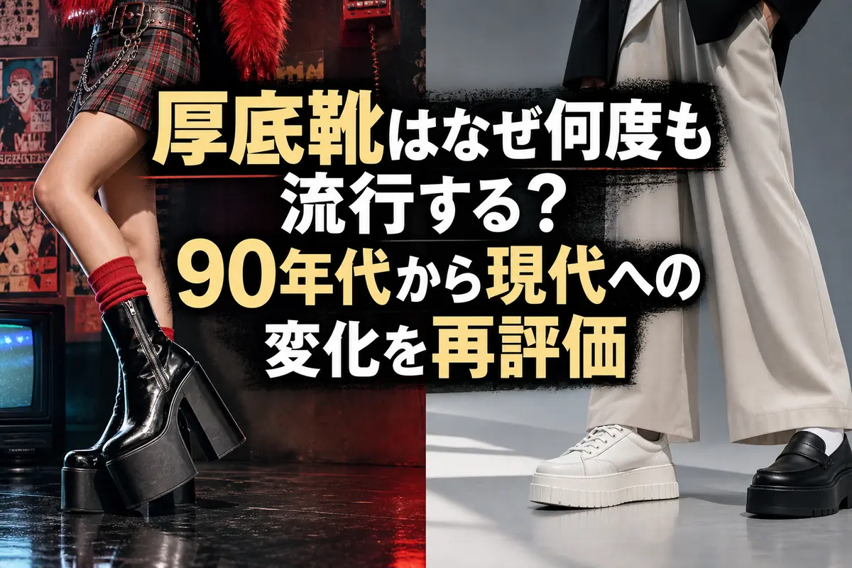 90年代風の厚底ブーツと現代的な厚底靴を並べて比較したイメージ。