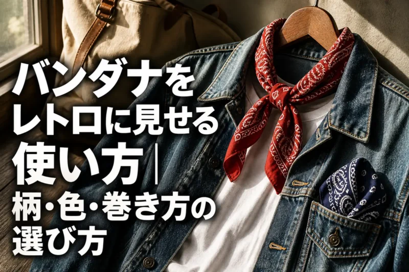 デニムと白いTシャツに赤と紺のペイズリーバンダナを合わせたレトロな装い。
