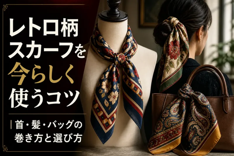 レトロ柄のスカーフを首元、髪、バッグに取り入れたスタイリング。
