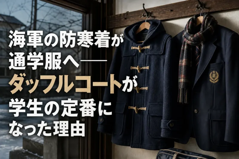 紺色のダッフルコートと学生服を並べた冬の装い。