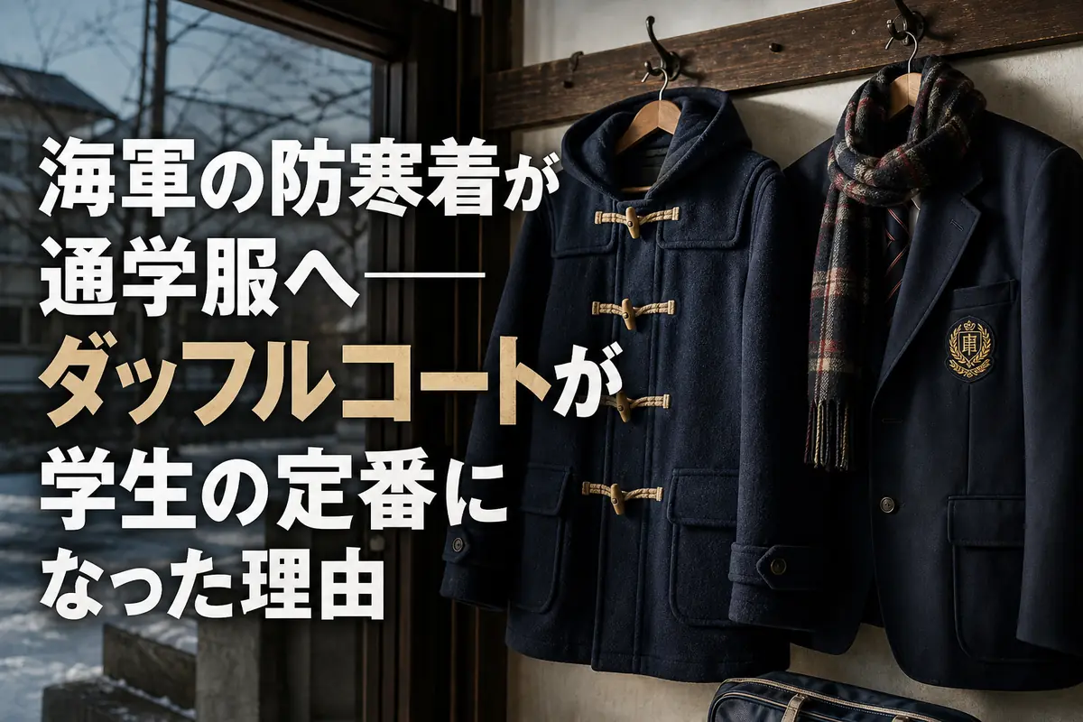 紺色のダッフルコートと学生服を並べた冬の装い。