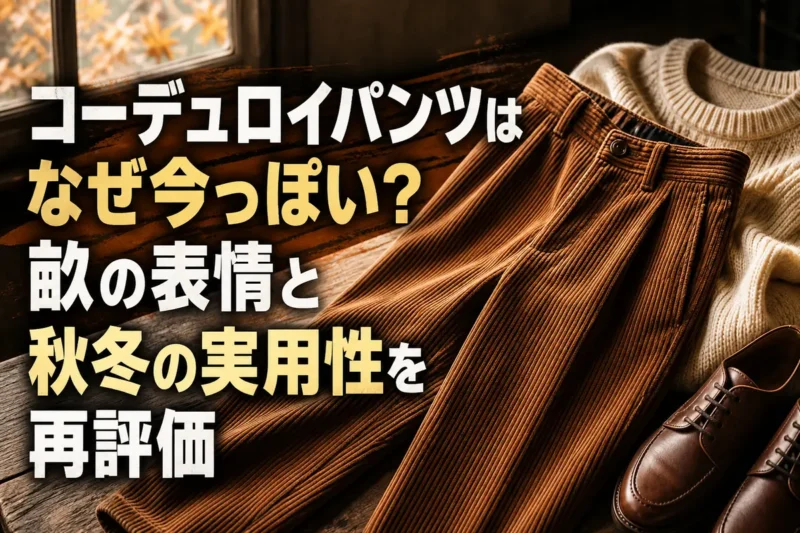 秋の柔らかな光の中に置かれたブラウンのコーデュロイパンツ。