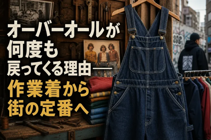 作業着の歴史と現代ファッションを重ねて表現したデニムのオーバーオール。