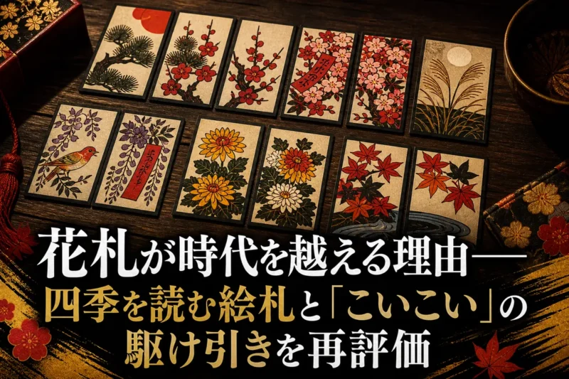 日本の四季を描いた花札が木の卓上に並んでいる。