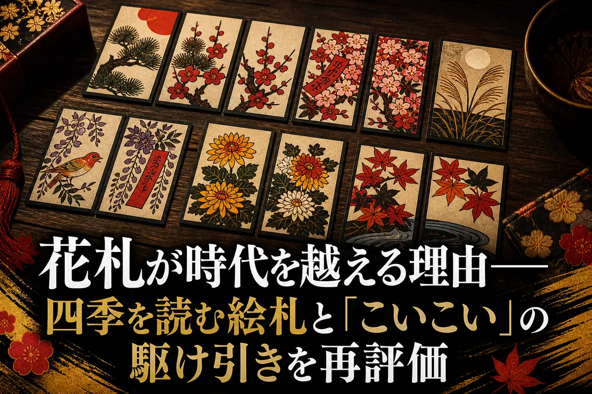 日本の四季を描いた花札が木の卓上に並んでいる。