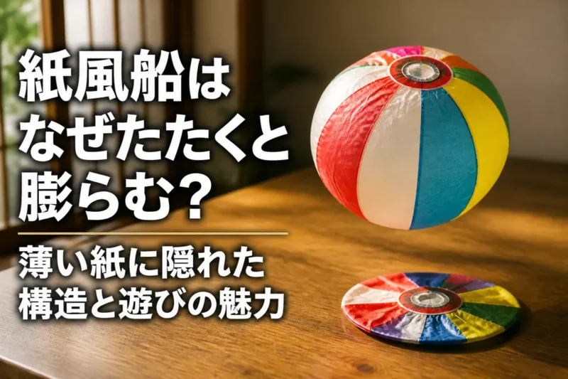 色鮮やかな紙風船と、空気を入れる前の平らな紙風船が木の机に並んでいる。