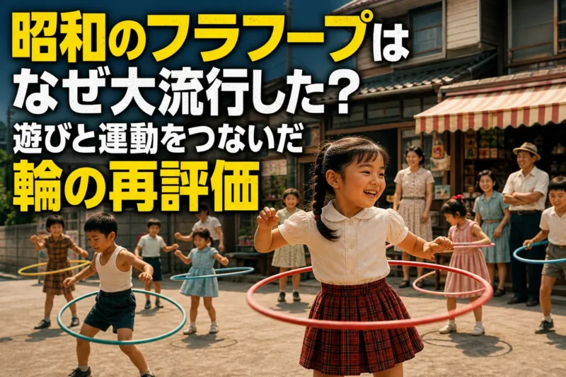 昭和の街角で子どもと大人がフラフープを楽しむ様子。