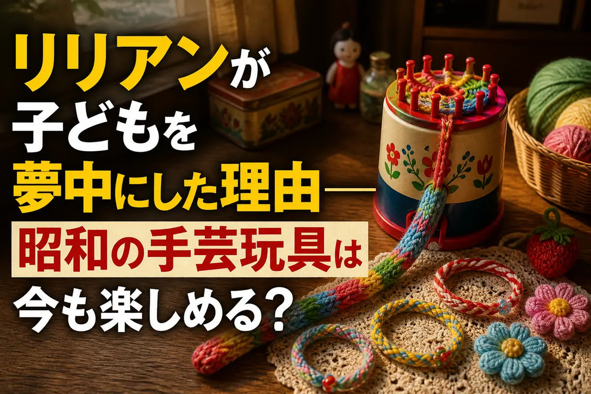 色鮮やかな糸とリリアン編み機、完成した編みひもが木の机に並ぶ。