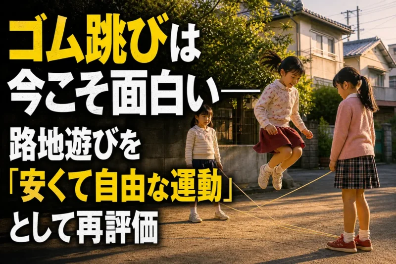 広場でゴム跳びを楽しむ子どもたちの様子。