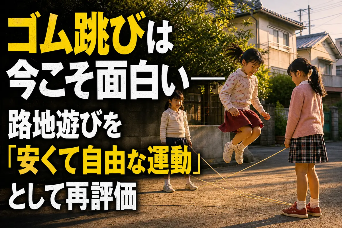 広場でゴム跳びを楽しむ子どもたちの様子。