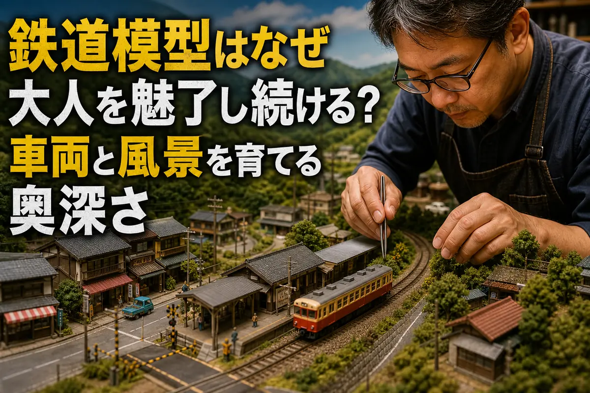昭和の町並みを再現した鉄道模型の情景を大人が整えている。