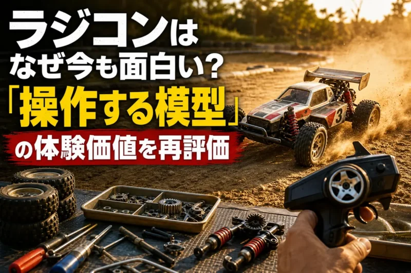 土のコースを走るレトロなRCバギーと送信機。