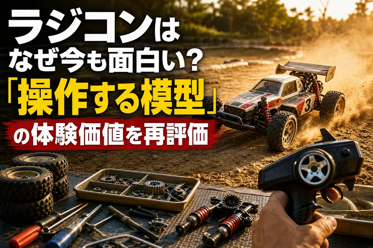 土のコースを走るレトロなRCバギーと送信機。