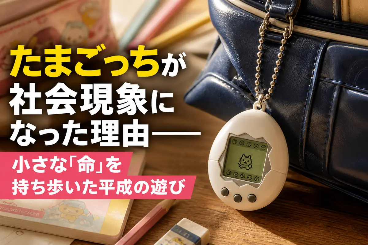 スクールバッグに付けた、たまご型の携帯育成玩具。