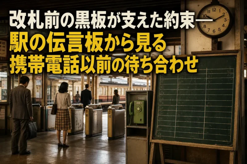昭和の駅の改札脇に置かれた伝言板と公衆電話。